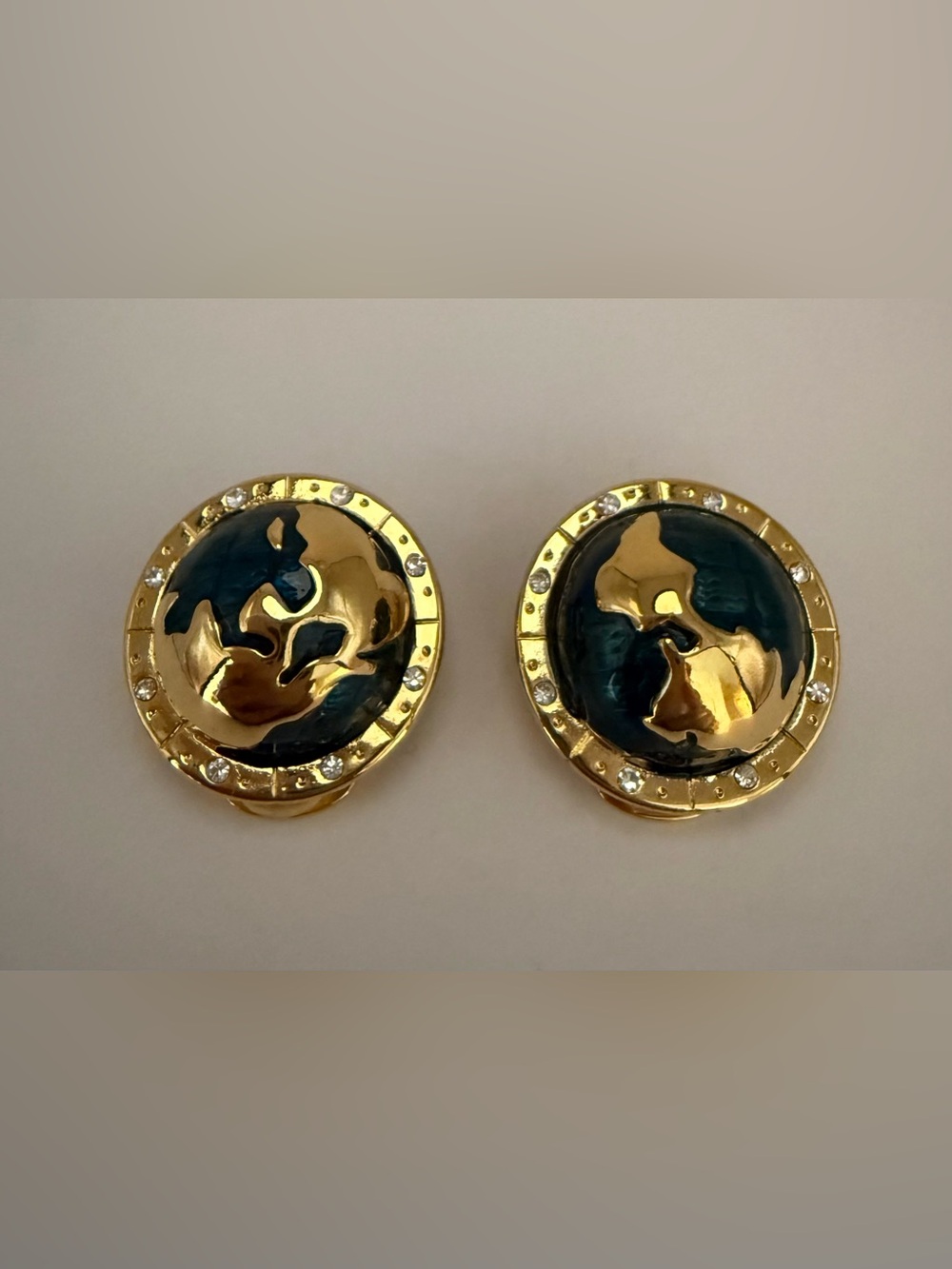 Kenneth Jay Lane Clip Earrings Representing World Peace  On A Blue Enamel Globe.